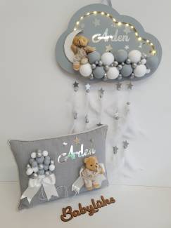 Bubble LEDLİ bulut bebek kapı süsü ve yastık takımı açık gri beyaz